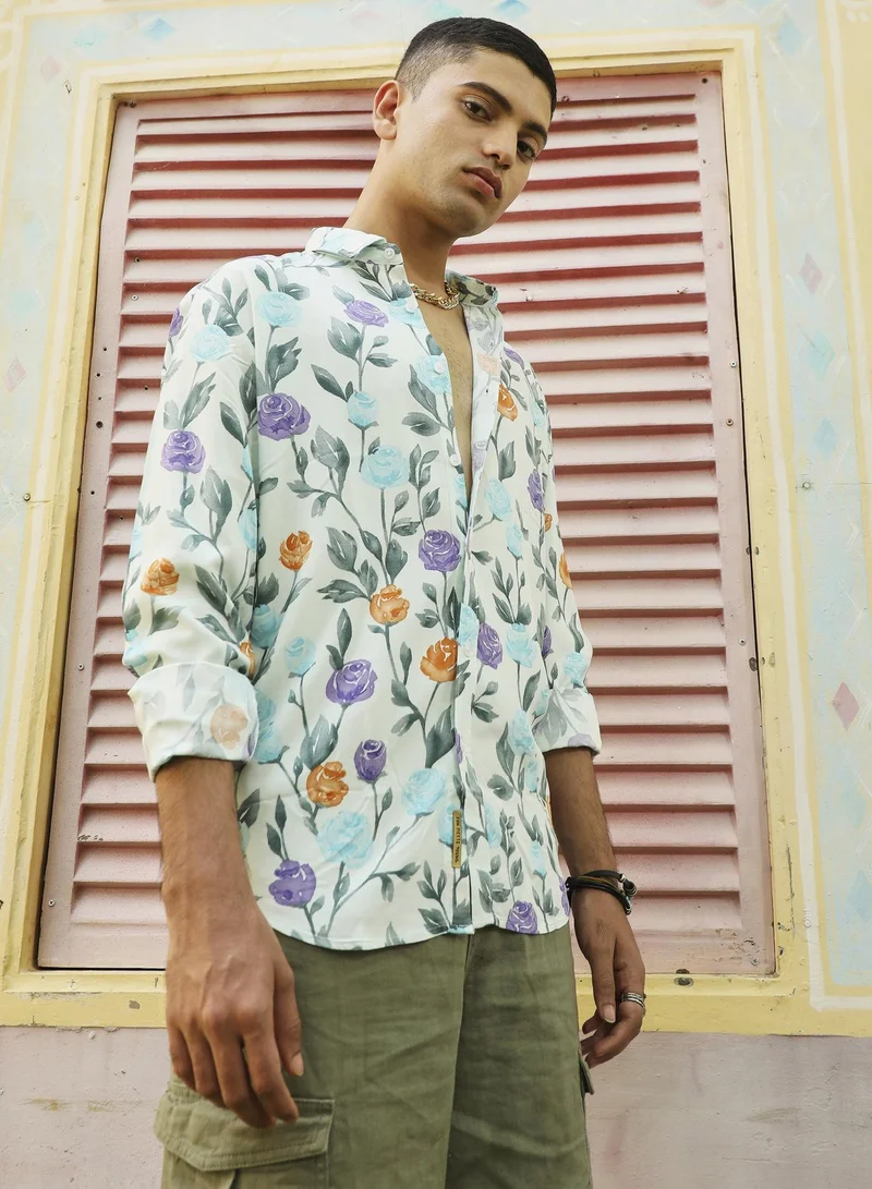 Campus Sutra Men's Rose Garden Print Button Up Shirt