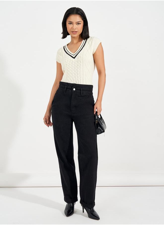 Styli - High Rise Straight Fit Paper Bag Waist Jeans - Image 1