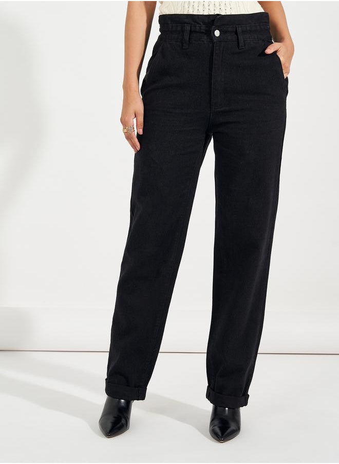Styli - High Rise Straight Fit Paper Bag Waist Jeans - Image 1