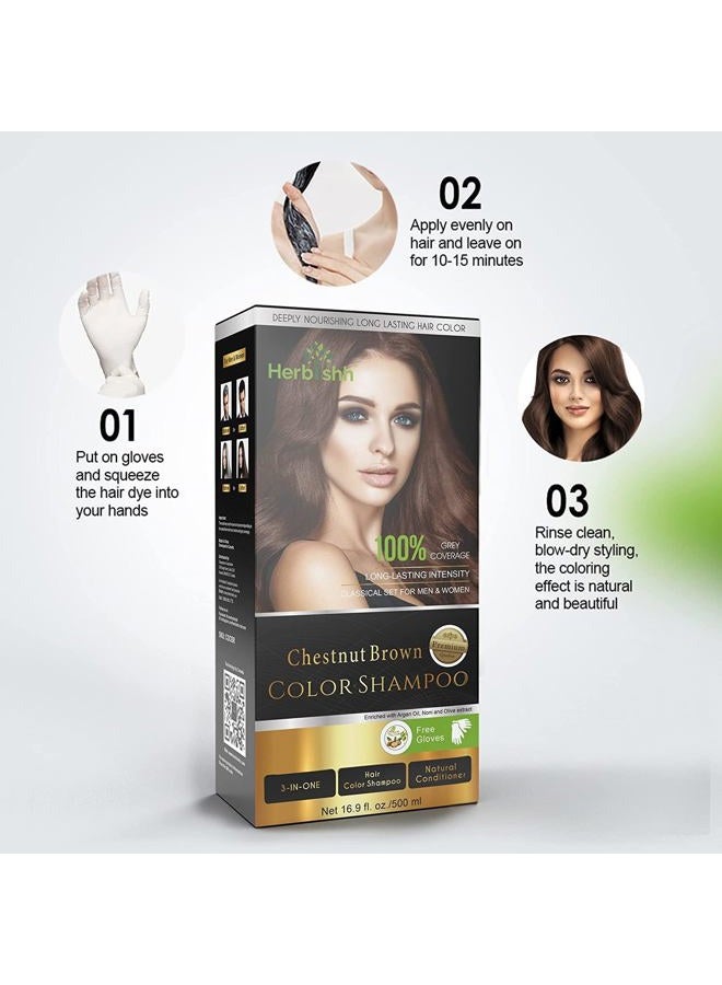 Herbishh Ultimate Chestnut Brown Hair Color Kit (2 Shampoos + 1 Argan Hair Mask) for Grey Coverage - Long-Lasting, Easy Application for Men and Women - Image 3