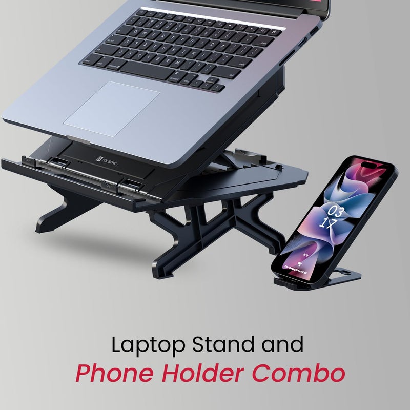 Portronics حامل اللابتوب بورترونيكس ماي بادي هيكسا 33 مع حامل الهاتف تصميم قابل للطي بأربعة أرجل دعم الوضعية وتحسين تدفق الهواء للابتوب حتى 17 بوصة ماك بوك أسود - Image 4