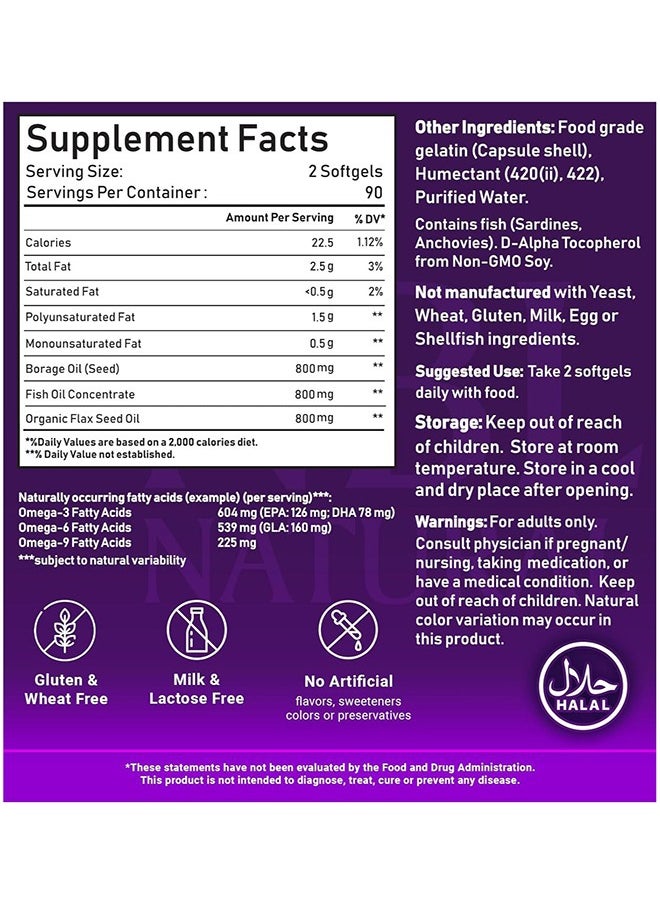 NBL Natural - Super Omega 3-6-9 2400mg with a blend of Fish, Borage, and Flax Seed Oils 180 Softgels - Image 1