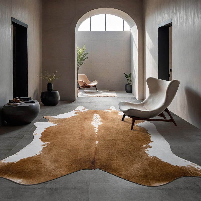 BENRON Premium Faux Cowhide Rug, Cow Print, Rustic Western Rugs for Living Room Bedroom, Irregular Animal Skin Hides, 4.6 x 5.2ft, Anti-Skid Cool Carpets for Cowboy Cowgirl Home Decor, Khaki Brown - Image 4