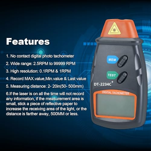 AGPtek® Professional Digital Laser Photo Tachometer Non Contact RPM Tach - Image 3