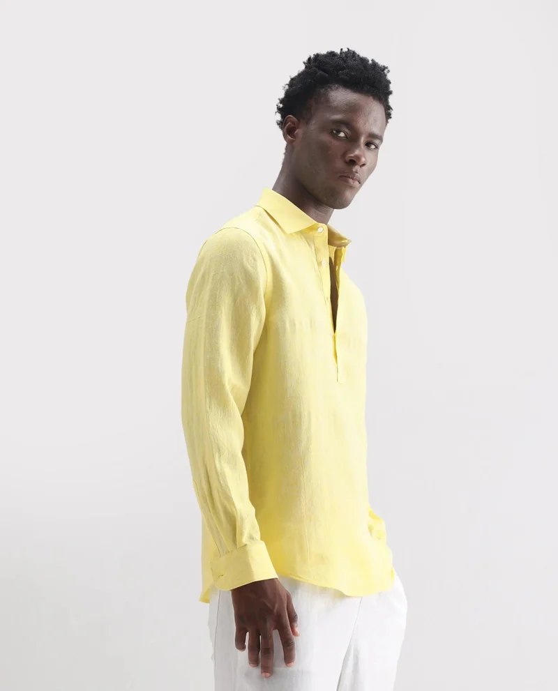 Rare Rabbit Men's Casual Half Placket 100% Linenshirt