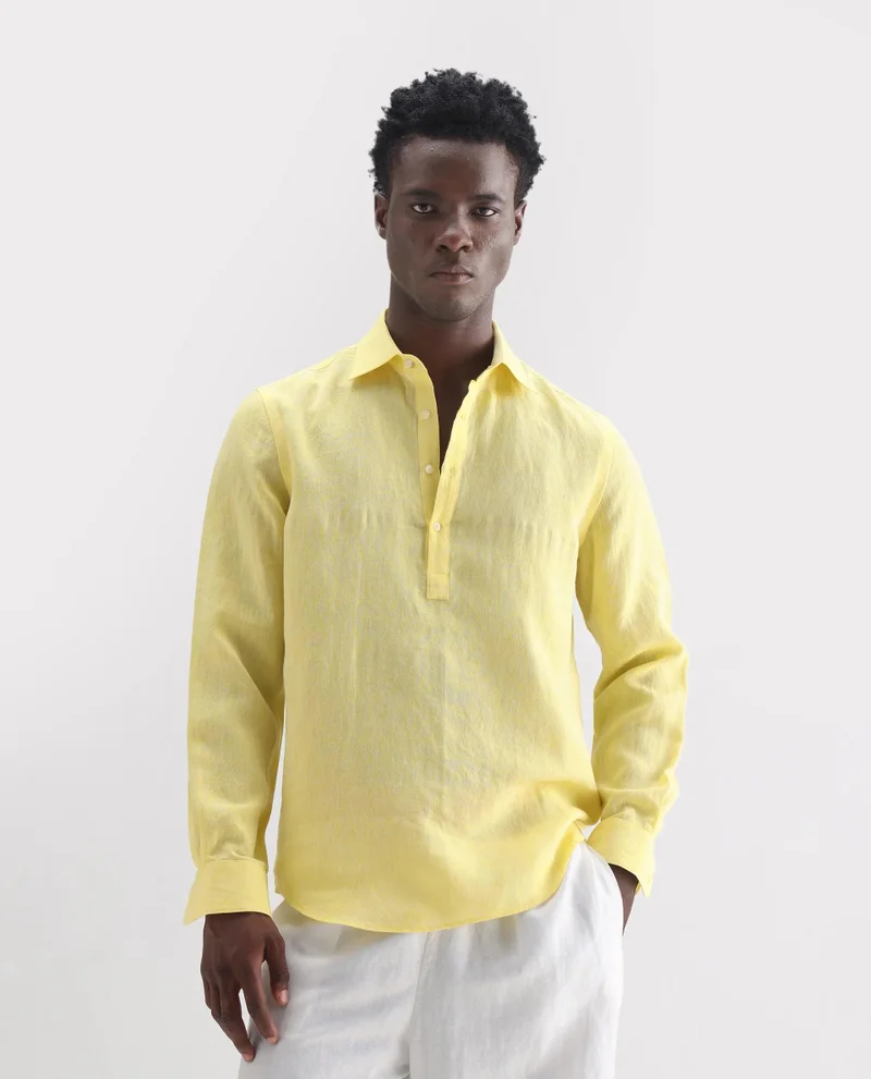 Rare Rabbit Men's Casual Half Placket 100% Linenshirt