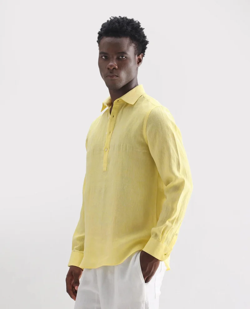 Rare Rabbit Men's Casual Half Placket 100% Linenshirt