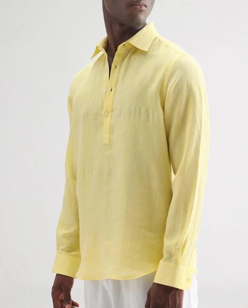 Rare Rabbit Men's Casual Half Placket 100% Linenshirt