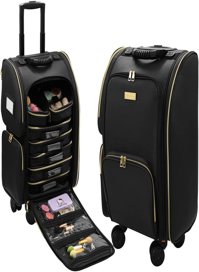 Qtavia Leather Rolling Makeup Train Case, Professional Makeup Case, Travel Cosmetic Organizer Make Up Storage Bag for Makeup Artist, Hairstylist, Barbers, with 5 Toiletry Bags, Black - Image 4