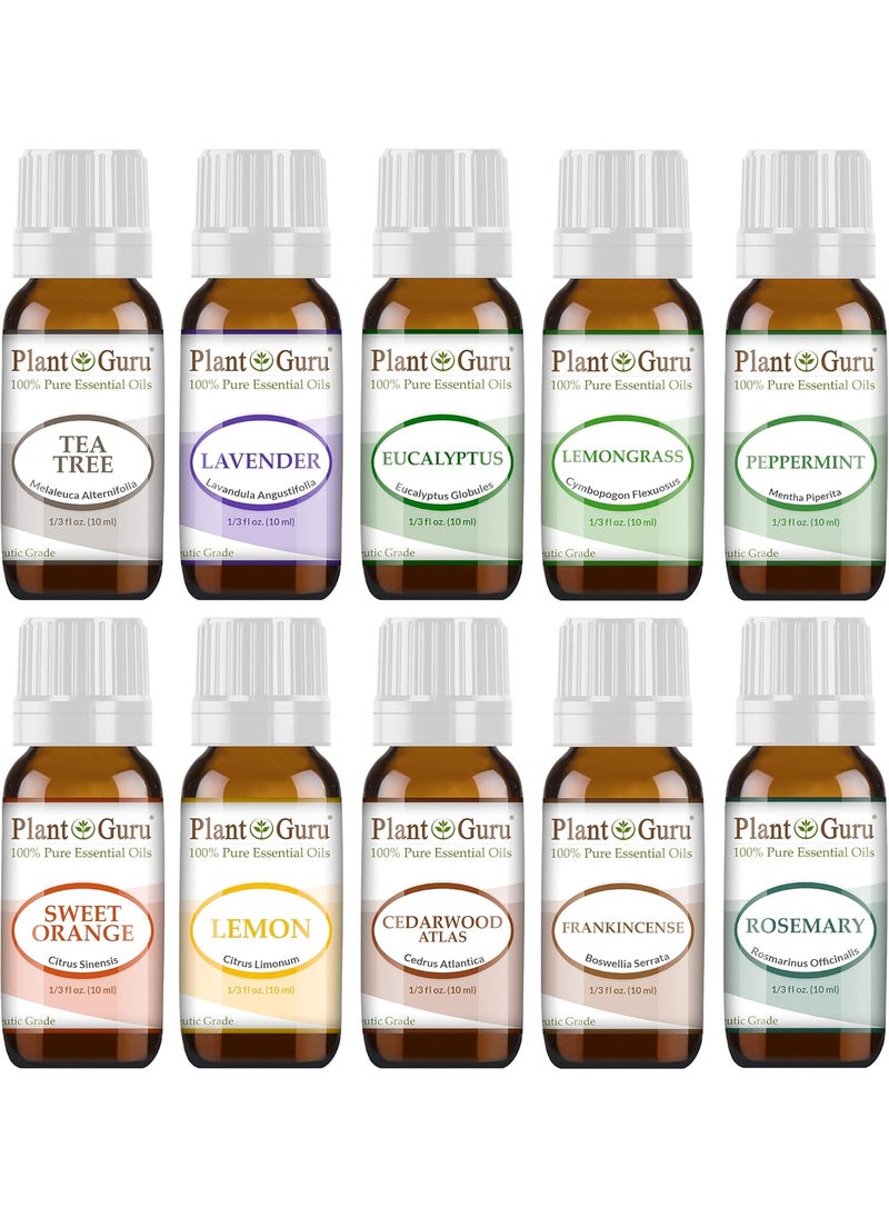 Plant Guru Essential Oil Set 10-10 ml. Therapeutic Grade 100% Pure Cedarwood, Eucalyptus, Frankincense, Lavender, Lemon, Lemongrass, Sweet Orange, Peppermint, Rosemary, Tea Tree for Skin, Body, Hair, Diffuser 