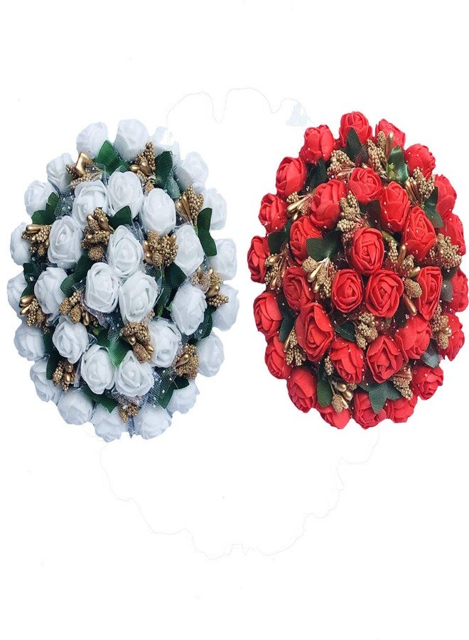 Arooman™ Artificial Juda/Bun Combo Hair Accessories For Women and Girls with Flower and Mogra Work Juda For Festives Designer Bridal Wedding Party Pack-02, Color_Red & White - Image 1