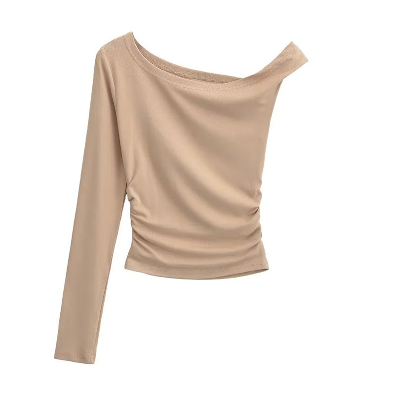 Street Style Ins Girls Beveled Edge Twist Rope Off-Shoulder Long-Sleeved T-Shirt Autumn New Design Sense Slim-Fit Short Base Shirt - Image 4