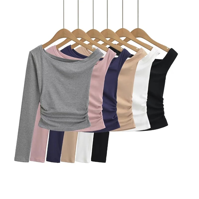 Street Style Ins Girls Beveled Edge Twist Rope Off-Shoulder Long-Sleeved T-Shirt Autumn New Design Sense Slim-Fit Short Base Shirt - Image 2