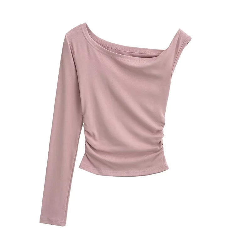 Street Style Ins Girls Beveled Edge Twist Rope Off-Shoulder Long-Sleeved T-Shirt Autumn New Design Sense Slim-Fit Short Base Shirt - Image 3