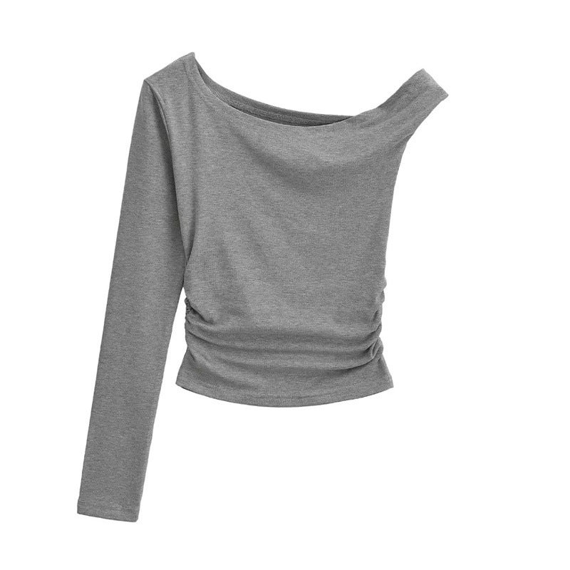 Street Style Ins Girls Beveled Edge Twist Rope Off-Shoulder Long-Sleeved T-Shirt Autumn New Design Sense Slim-Fit Short Base Shirt - Image 5