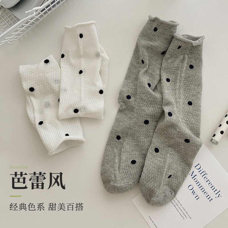 Polka Dot Sheer Mesh Socks for Women Autumn Mid-Calf Breathable Ballet Style Black - Image 5