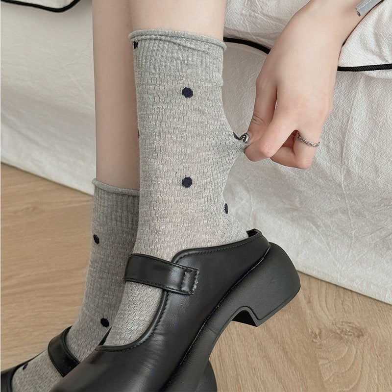 Polka Dot Sheer Mesh Socks for Women Autumn Mid-Calf Breathable Ballet Style Black - Image 2