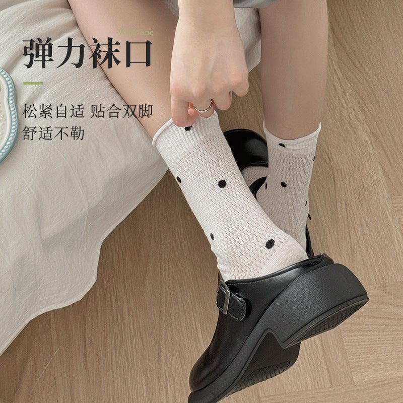 Polka Dot Sheer Mesh Socks for Women Autumn Mid-Calf Breathable Ballet Style Black - Image 4
