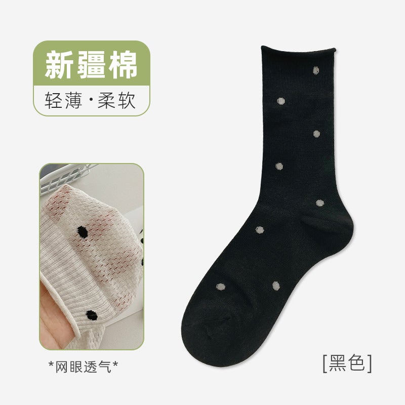 Polka Dot Sheer Mesh Socks for Women Autumn Mid-Calf Breathable Ballet Style Black - Image 1