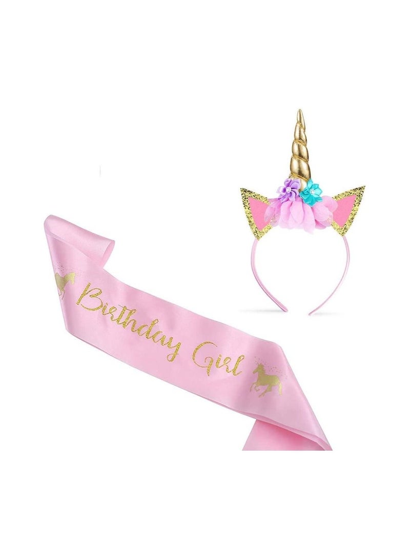 واي آند دي Unicorn Headband and Birthday Girl Sash for Kids Party Supplies Gifts Children Horn Glitter Hairband Gold Pink - Image 1