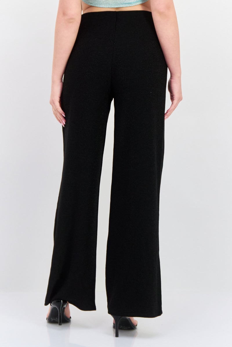 Black Tape Women Regular Fit Wide Leg Metallic Pants, Black  - Image 3