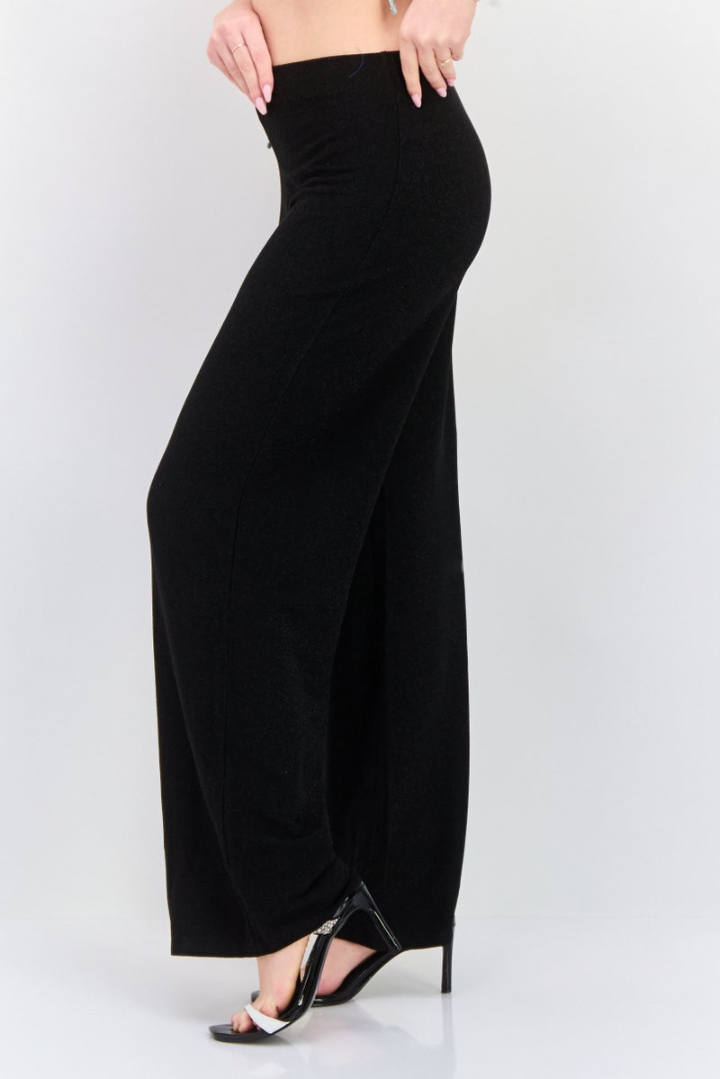 Black Tape Women Regular Fit Wide Leg Metallic Pants, Black  - Image 2