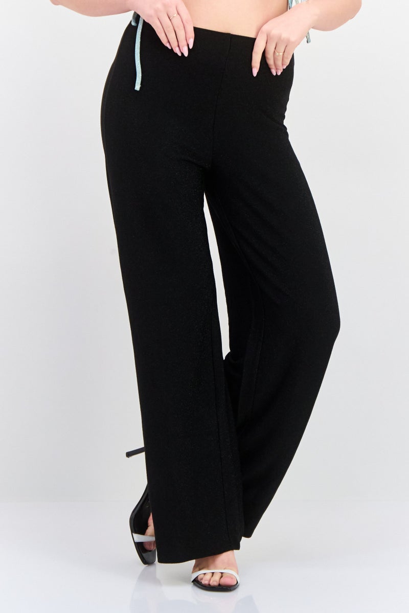 Black Tape Women Regular Fit Wide Leg Metallic Pants, Black  - Image 1