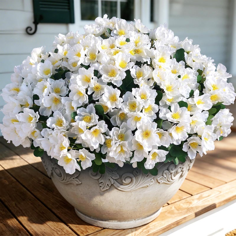 Juxdp 8 Bundles Artificial Camellia for Front Door Outside - Faux UV Resistant Real Looking Camellia Flowers Fake Silk Bouquets Plants for Garden Window Farmhouse Home Spring Summer Decor (White) - Image 2