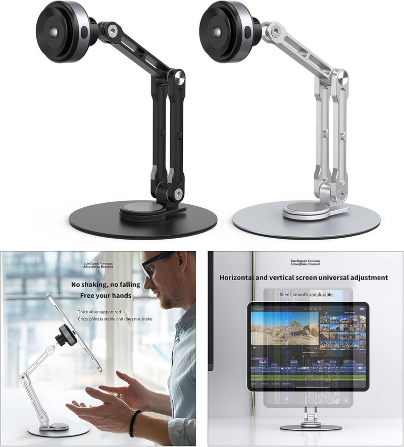 Tablets Stand Suction Cup Adjustable Height Aluminum Alloy Bracket for Tablets and Smartphones 360° Rotation Portable Aluminum Tablet Stand with Height - Image 2