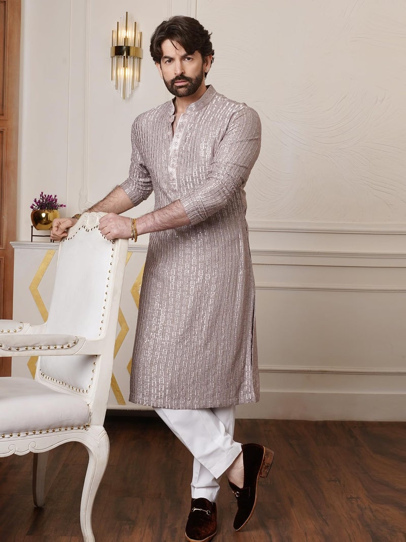 SOJANYA (Since 1958 Men's Cotton Rayon Shiny Thread Sequinned Brown Only Long Kurta - Image 4