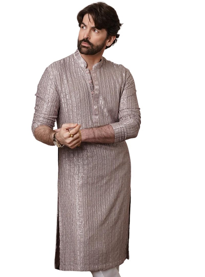 SOJANYA (Since 1958 Men's Cotton Rayon Shiny Thread Sequinned Brown Only Long Kurta - Image 1