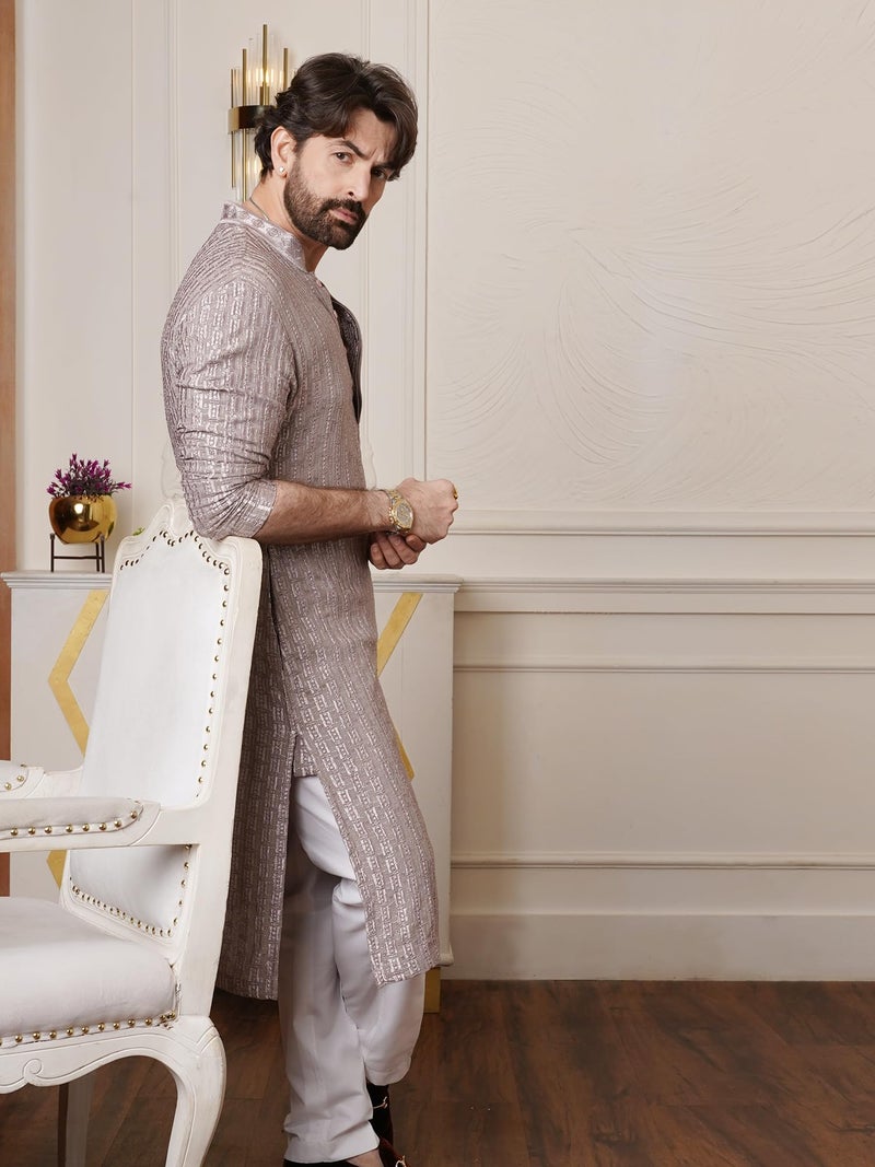 SOJANYA (Since 1958 Men's Cotton Rayon Shiny Thread Sequinned Brown Only Long Kurta - Image 3