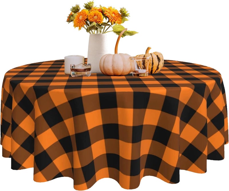 SuQKXCo Buffalo Plaid Round Tablecloth  60 inch Black and Orange Thanksgiving  Halloween Table Cover Mat  Spill Proof Table Covers for Kitchen Party Dinner Tabletop Decoration - Image 1