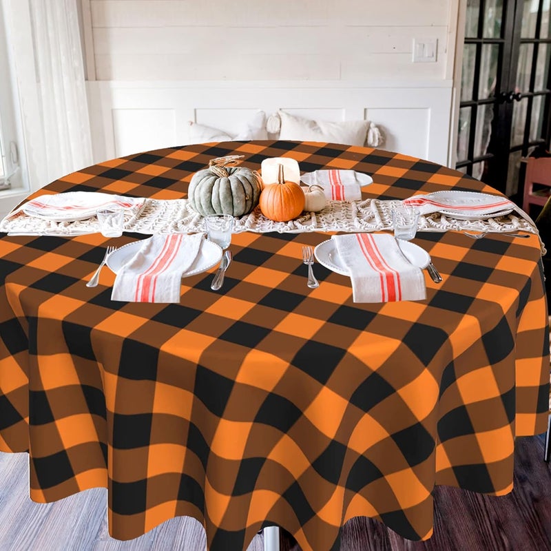 SuQKXCo Buffalo Plaid Round Tablecloth  60 inch Black and Orange Thanksgiving  Halloween Table Cover Mat  Spill Proof Table Covers for Kitchen Party Dinner Tabletop Decoration - Image 2