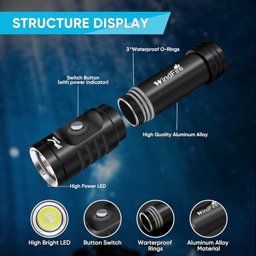WINDFIRE Dive Light Scuba Diving Flashlight, Super Bright Rechargeable Waterproof Torch with Power Indicator, 3 Modes Underwater Lights, Scuba & Snorkeling Safety Dive Lights for Night Diving - Image 2