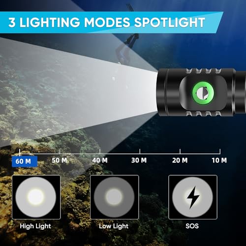 WINDFIRE Dive Light Scuba Diving Flashlight, Super Bright Rechargeable Waterproof Torch with Power Indicator, 3 Modes Underwater Lights, Scuba & Snorkeling Safety Dive Lights for Night Diving - Image 3