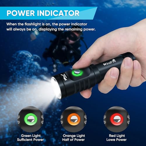 WINDFIRE Dive Light Scuba Diving Flashlight, Super Bright Rechargeable Waterproof Torch with Power Indicator, 3 Modes Underwater Lights, Scuba & Snorkeling Safety Dive Lights for Night Diving - Image 4