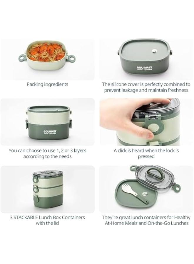 HOOKOR Bento Lunch Box, Multi-layer Portable Bento Box, 3-Tier Leak-Proof Portable Stackable Food Container Storage Boxes for Kids Adults, Microwave and Dishwasher Safe (bean paste green) - Image 4