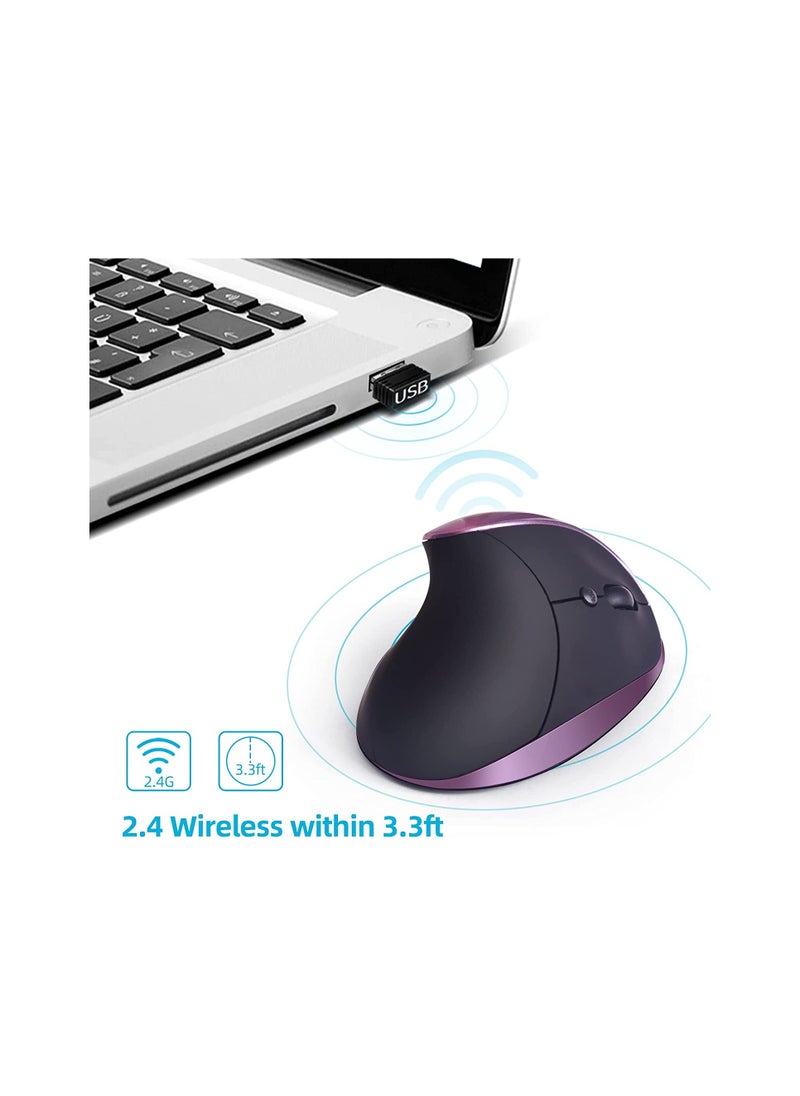 KASTWAVE - Wireless Ergonomic Vertical Mouse, Rechargeable Small Vertical Mouse with 6 Buttons 3 Adjustable 800/1200/1600 DPI for Laptop,Desktop,PC, MacBook (Purple)C - Image 1