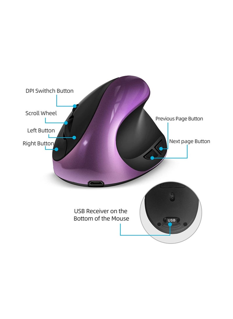 KASTWAVE - Wireless Ergonomic Vertical Mouse, Rechargeable Small Vertical Mouse with 6 Buttons 3 Adjustable 800/1200/1600 DPI for Laptop,Desktop,PC, MacBook (Purple)C - Image 1