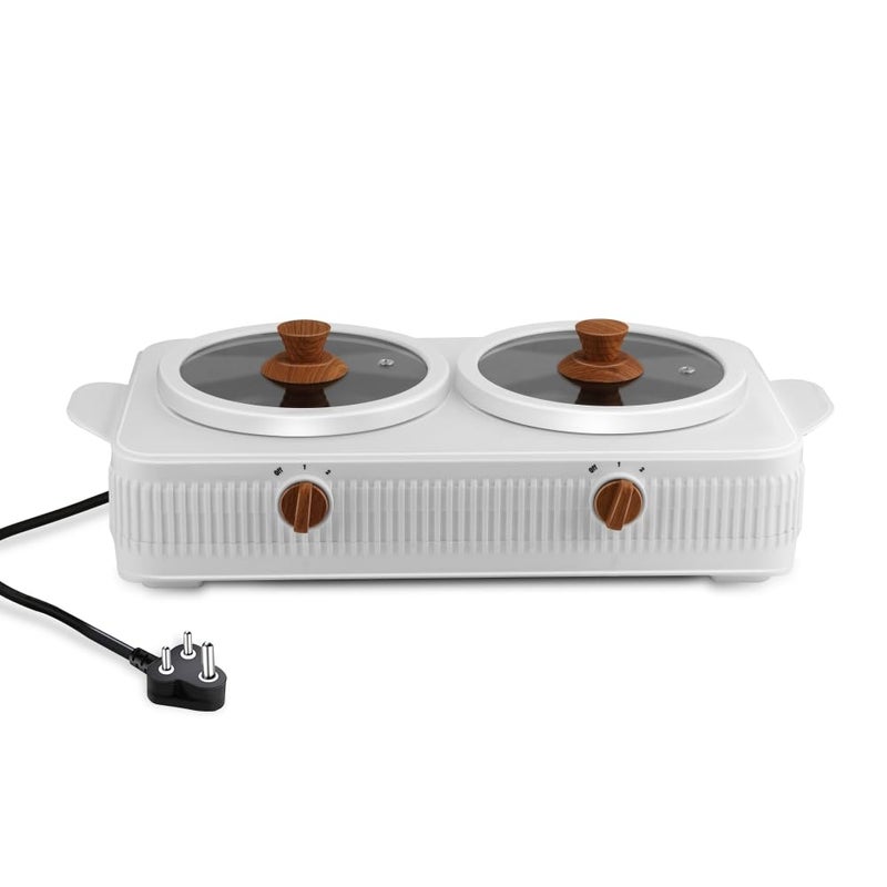 JAYPEE PLUS طباخ كهربائي كوك سمارت 3 في 1 محطة طهي مزدوجة مع وعاء بطبقة غير لاصقة من تيفلون لإعادة التسخين والطهي، غطاء خشبي ومقبض من الزجاج المقسى، 1.5+1.5 لتر، أبيض - Image 1