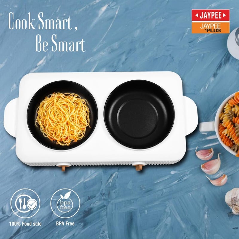 JAYPEE PLUS طباخ كهربائي كوك سمارت 3 في 1 محطة طهي مزدوجة مع وعاء بطبقة غير لاصقة من تيفلون لإعادة التسخين والطهي، غطاء خشبي ومقبض من الزجاج المقسى، 1.5+1.5 لتر، أبيض - Image 3