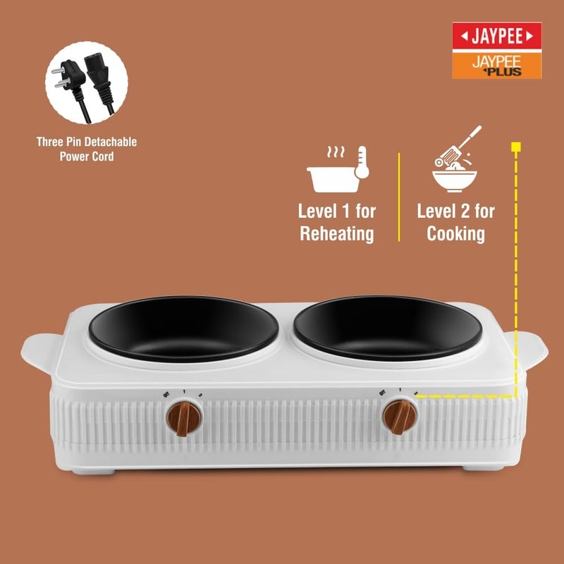 JAYPEE PLUS طباخ كهربائي كوك سمارت 3 في 1 محطة طهي مزدوجة مع وعاء بطبقة غير لاصقة من تيفلون لإعادة التسخين والطهي، غطاء خشبي ومقبض من الزجاج المقسى، 1.5+1.5 لتر، أبيض - Image 5