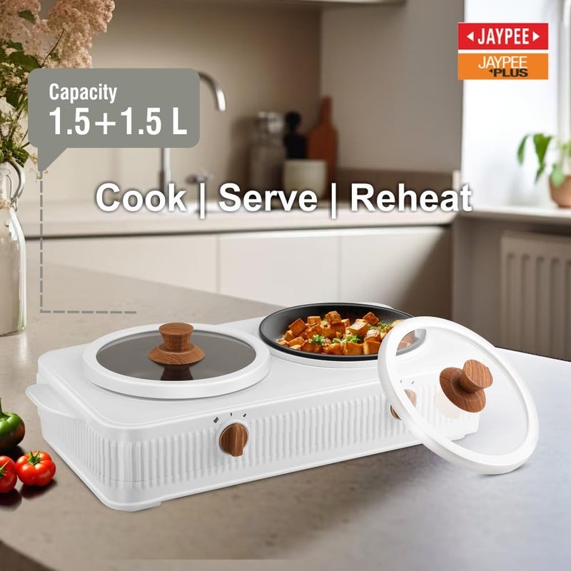 JAYPEE PLUS طباخ كهربائي كوك سمارت 3 في 1 محطة طهي مزدوجة مع وعاء بطبقة غير لاصقة من تيفلون لإعادة التسخين والطهي، غطاء خشبي ومقبض من الزجاج المقسى، 1.5+1.5 لتر، أبيض - Image 2