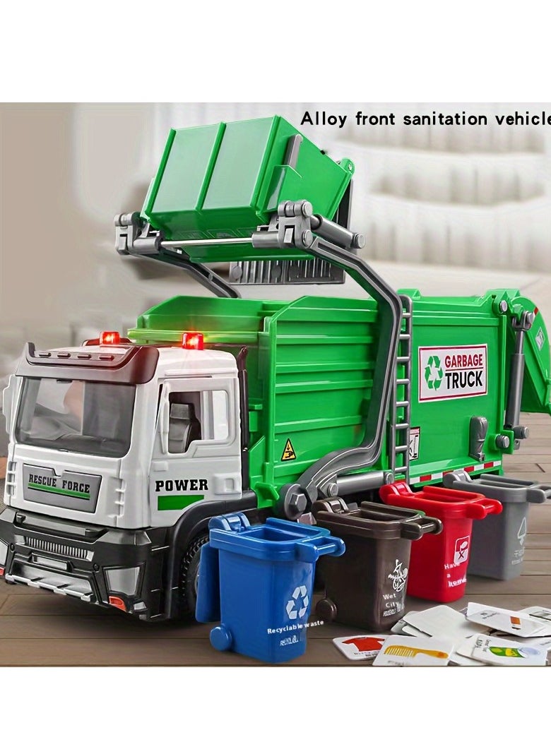 XiuWoo Garbage Truck Toys Metal Cab, Realistic Trash Truck Toys for Boys with Lights and Sounds, Friction Powered Recycling Truck for Kids, Front Loader with Dumpster, 4 Trash Bins with Trash Cards  - Image 5