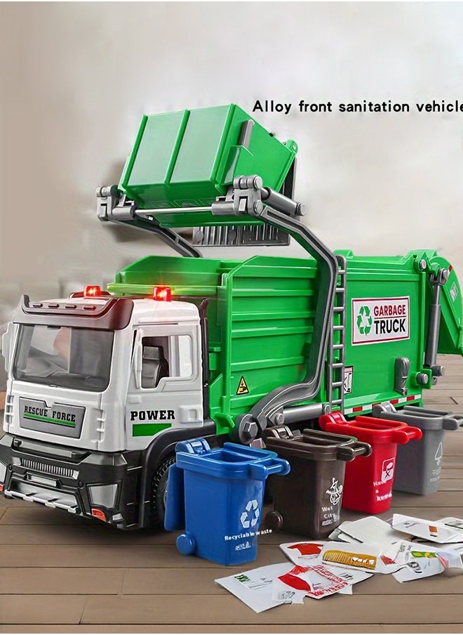 XiuWoo Garbage Truck Toys Metal Cab, Realistic Trash Truck Toys for Boys with Lights and Sounds, Friction Powered Recycling Truck for Kids, Front Loader with Dumpster, 4 Trash Bins with Trash Cards  - Image 1