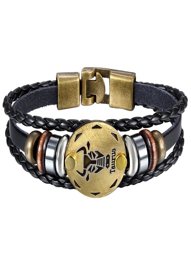 Oidea Mens Womens Punk Multi-layer TAURUS Zodiac Signs Constellation Astrology Braided Leather Cuff Bracelet,Black - Image 1