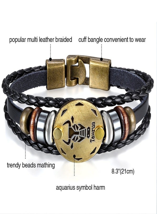 Oidea Mens Womens Punk Multi-layer TAURUS Zodiac Signs Constellation Astrology Braided Leather Cuff Bracelet,Black - Image 2