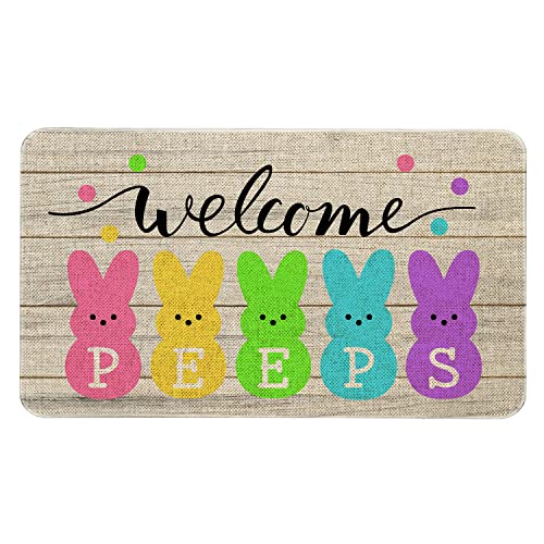 Roszwtit Easter Door Mat 30 X 17 Inch Easter Bunny Welcome Peeps Doormat Indoor Outdoor Entrance Floor Mat Non Slip Easter Decor Rubber Mats - Image 1