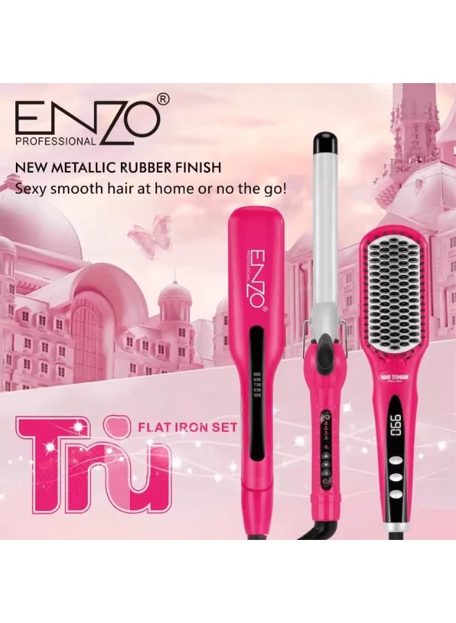 ENZO Professional مجموعة تصفيف الشعر بلاتينيوم ENZO EN-3955W 3 في 1 - فرشاة هواء ساخن متعددة الاستخدامات، مكواة فرد، ومكواة تجعيد بتقنية السيراميك البلاتيني - النسخة الدولية (وردي) - Image 2